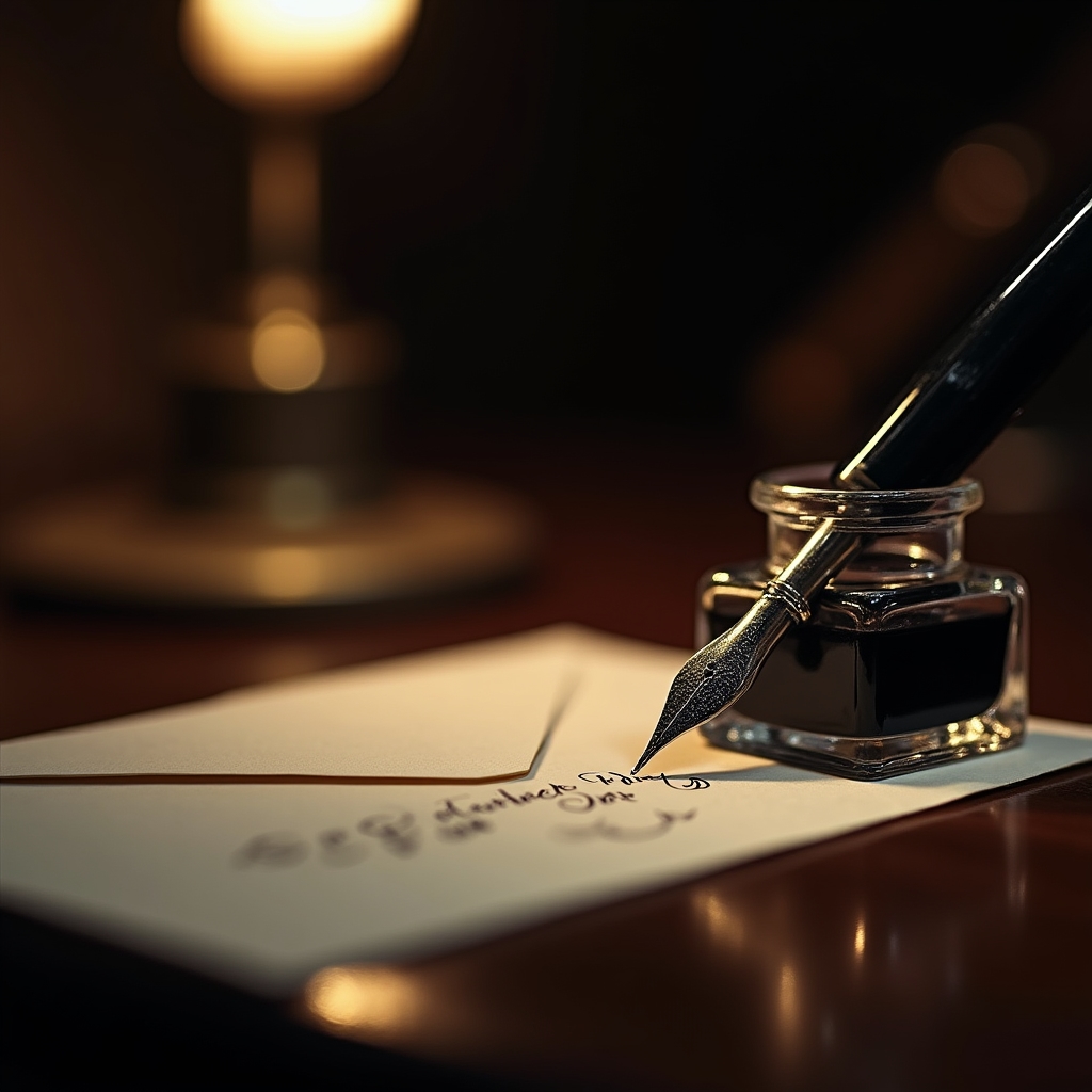 Pennino e inchiostro sul tavolo da lavoro dello studio di calligrafia a Bologna