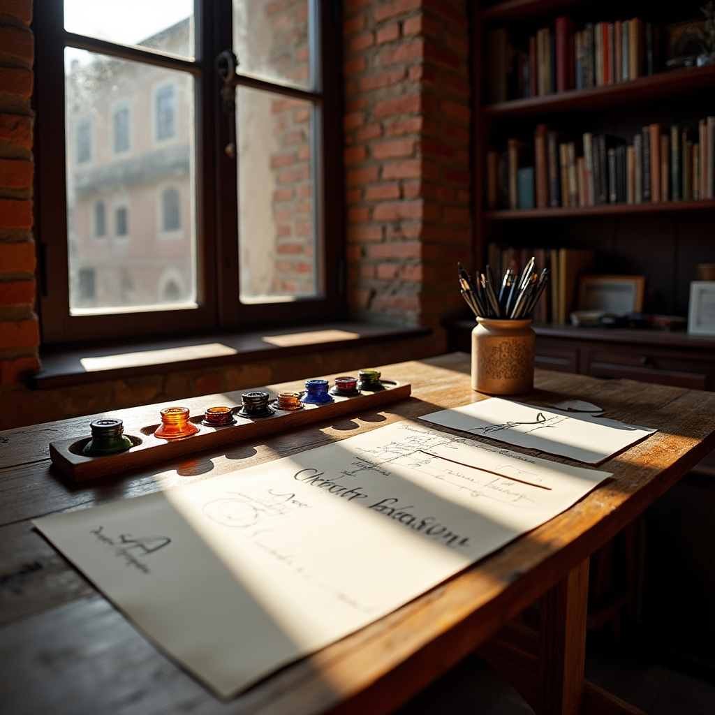 Tavolo da lavoro dello studio di calligrafia Brelivorax a Bologna
